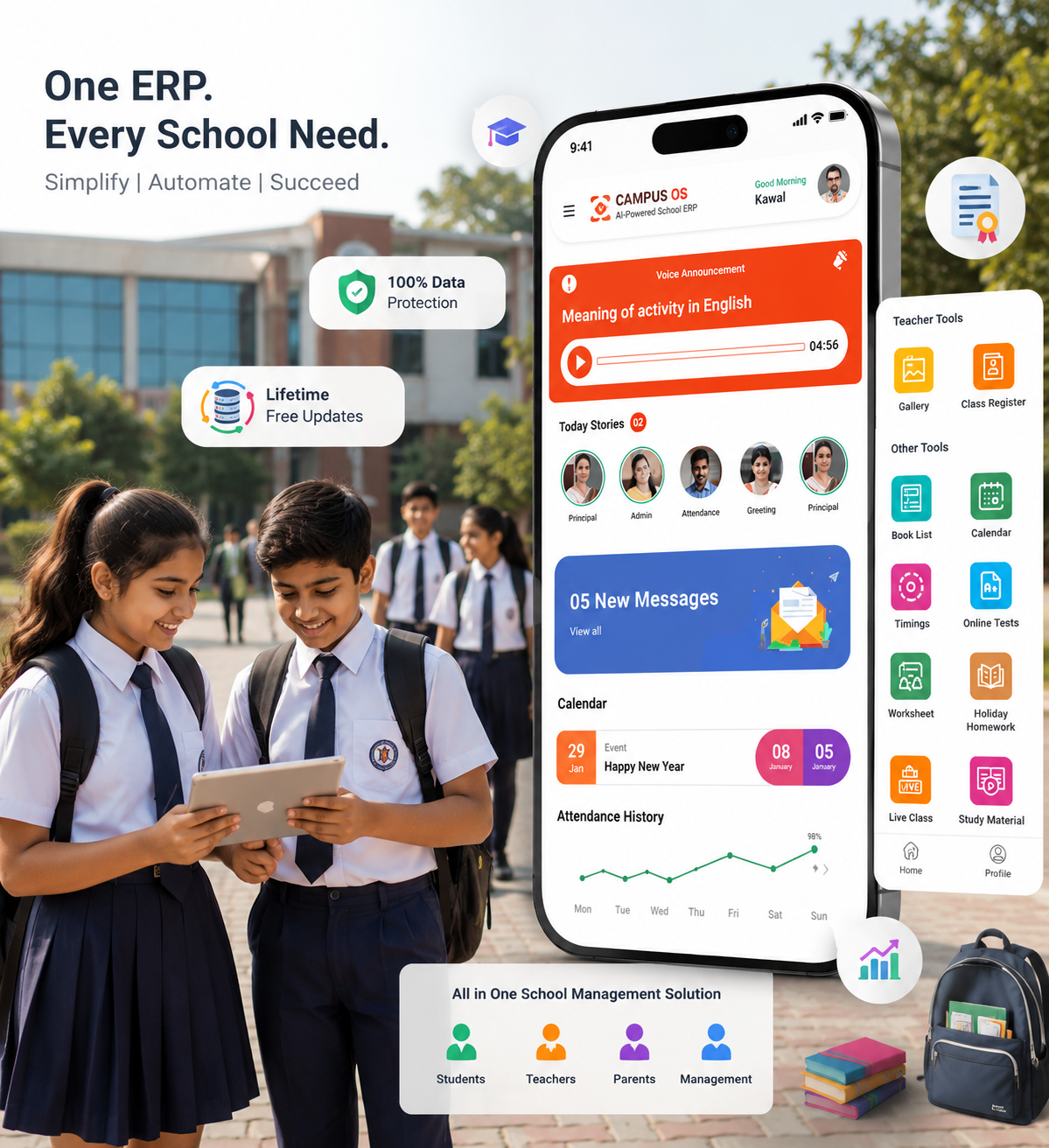 Smartphone displaying school parent app interface